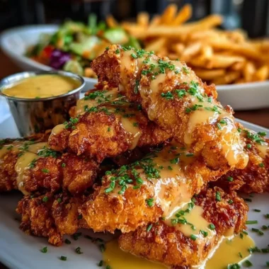 Crispy chicken tenders with honey mustard sauce and golden fries on a wooden platter.