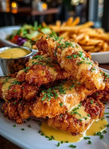 Crispy chicken tenders with honey mustard sauce and golden fries on a wooden platter.