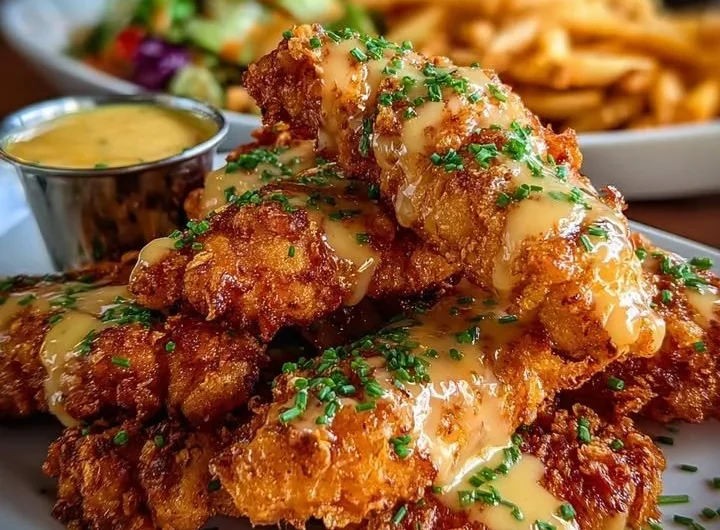 Crispy chicken tenders with honey mustard sauce and golden fries on a wooden platter.