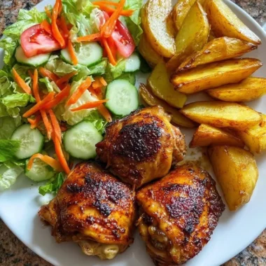Crispy Chicken Thighs With Potato Wedges 34 Crispy chicken thighs served with potato wedges on a plate.