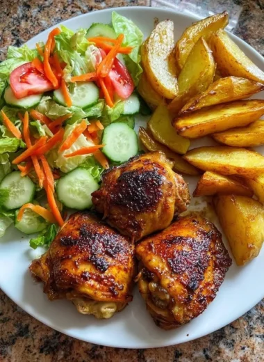 Crispy chicken thighs served with potato wedges on a plate.