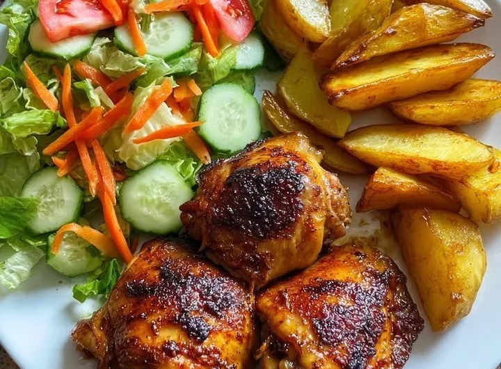 Crispy chicken thighs served with potato wedges on a plate.