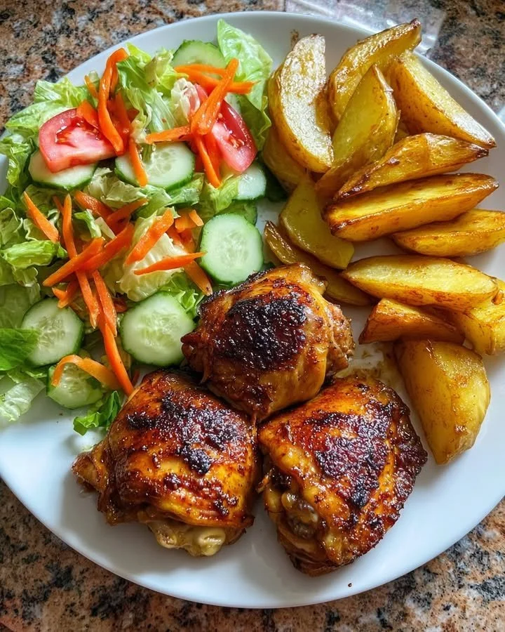 Crispy chicken thighs served with potato wedges on a plate.