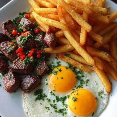 Crispy fries served with sunny-side eggs and tender steak bites