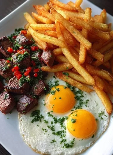 Crispy fries served with sunny-side eggs and tender steak bites