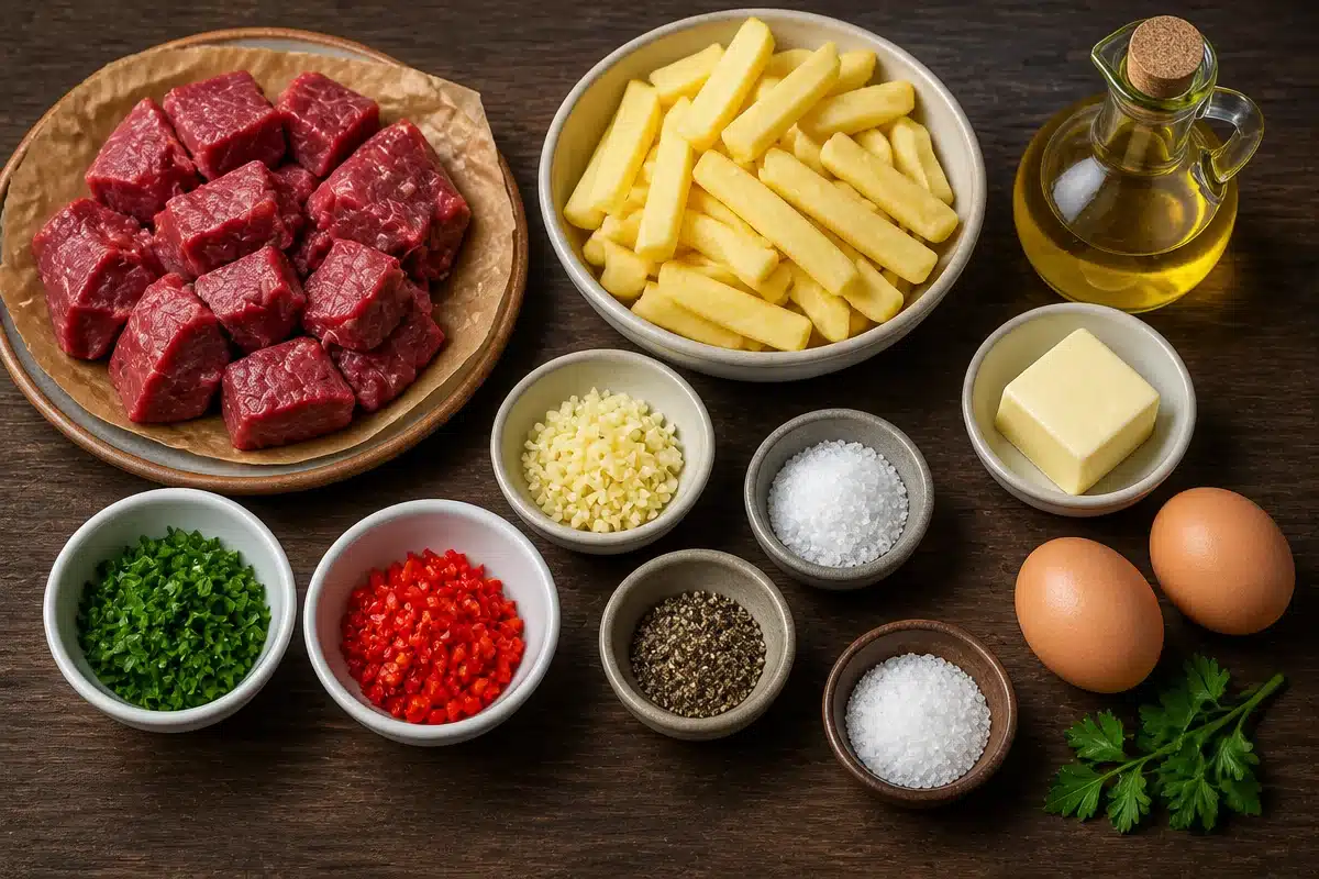 Crispy Fries and Sunny Eggs with Steak Bites