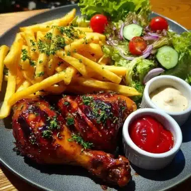 Crispy fries served with BBQ chicken drumsticks and a vibrant garden salad