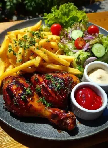 Crispy fries served with BBQ chicken drumsticks and a vibrant garden salad