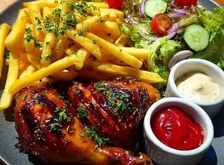 Crispy fries served with BBQ chicken drumsticks and a vibrant garden salad
