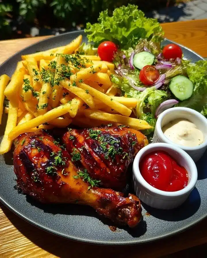 Crispy Fries With BBQ Chicken Drumsticks And Garden Salad 33 Crispy fries served with BBQ chicken drumsticks and a vibrant garden salad