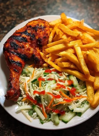Crispy fries served with flame-grilled chicken leg and salad on a plate.