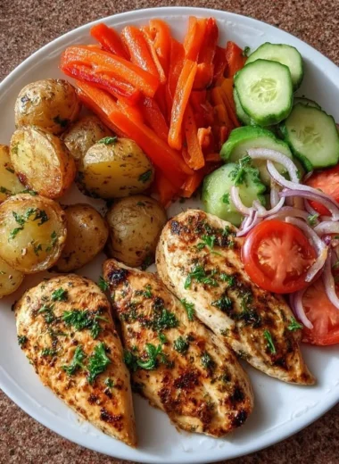 Crispy garlic herb chicken breast served with fresh herbs and seasoning