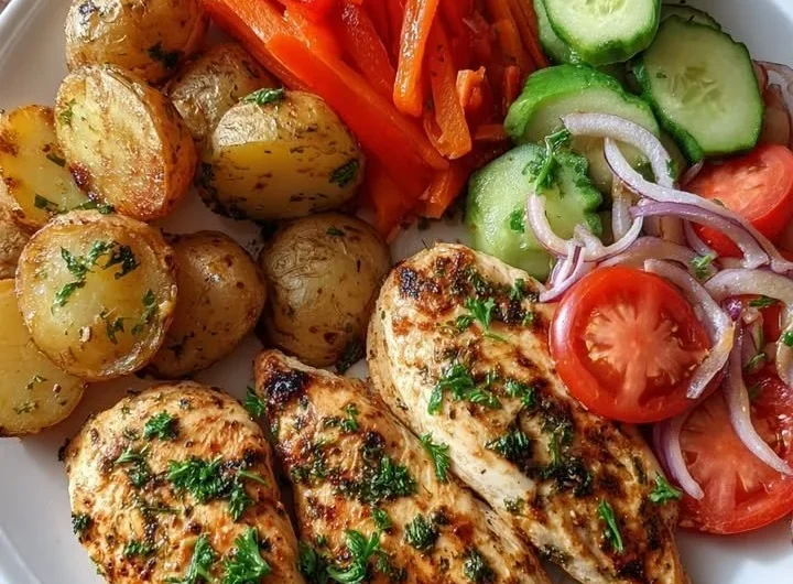 Crispy garlic herb chicken breast served with fresh herbs and seasoning