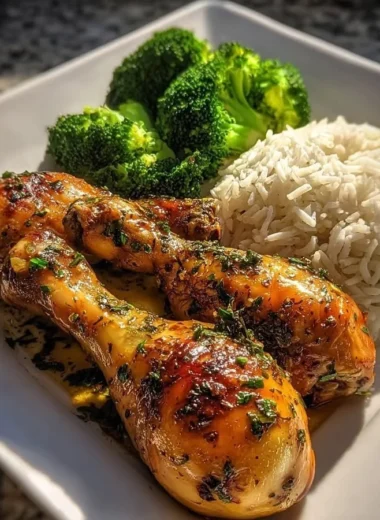 Crispy garlic herb chicken drumsticks served with rice and broccoli