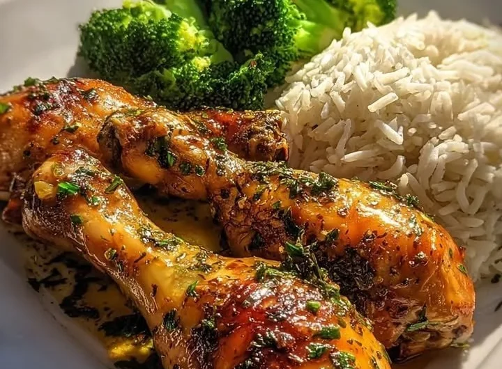 Crispy garlic herb chicken drumsticks served with rice and broccoli