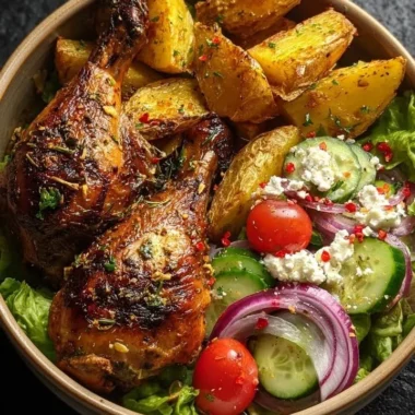 Crispy Greek-Style Chicken Leg Quarters With Potatoes 29 Crispy Greek-style chicken leg quarters served with roasted potatoes.
