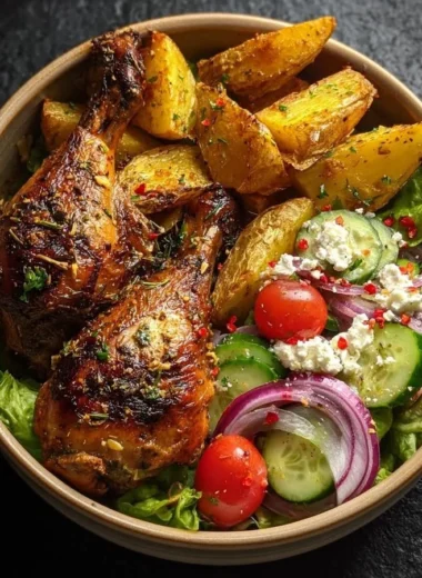 Crispy Greek-style chicken leg quarters served with roasted potatoes.