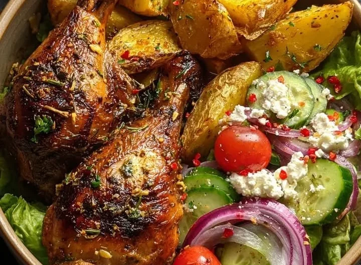 Crispy Greek-style chicken leg quarters served with roasted potatoes.