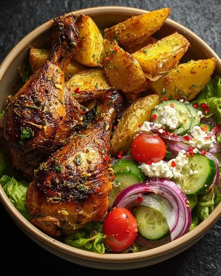 Crispy Greek-Style Chicken Leg Quarters With Potatoes 27 Crispy Greek-style chicken leg quarters served with roasted potatoes.
