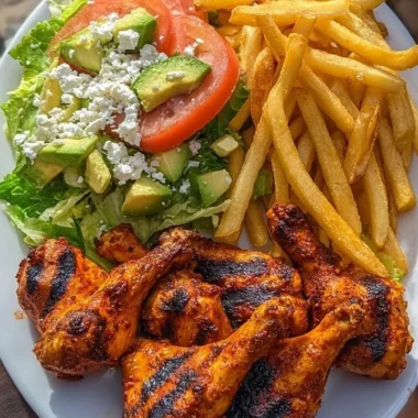 Crispy grilled chicken drumsticks with fries and avocado salad on a plate