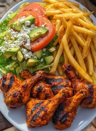 Crispy grilled chicken drumsticks with fries and avocado salad on a plate
