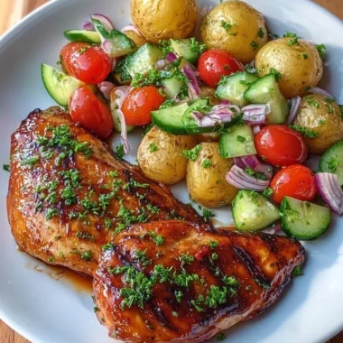 Crispy Honey Garlic Chicken With Baby Potatoes And Salad 35 Crispy honey garlic chicken served with baby potatoes and salad on a plate