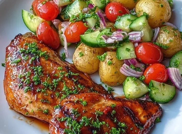 Crispy honey garlic chicken served with baby potatoes and salad on a plate