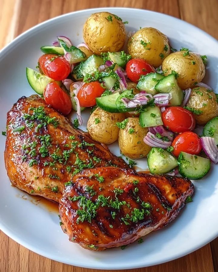 Crispy honey garlic chicken served with baby potatoes and salad on a plate