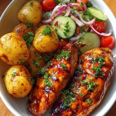 Crispy Honey Garlic Chicken With Baby Potatoes And Salad 35 Crispy honey garlic chicken served with baby potatoes and a fresh salad.