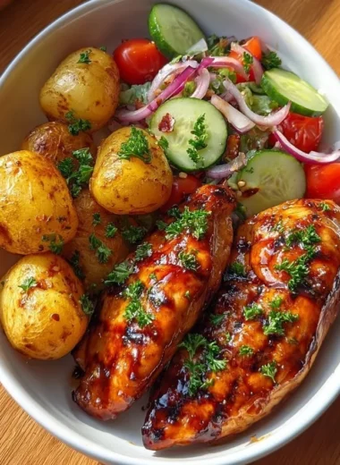 Crispy honey garlic chicken served with baby potatoes and a fresh salad.