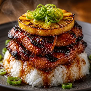 Crispy Huli Huli Chicken Stack garnished with fresh herbs