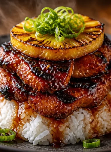 Crispy Huli Huli Chicken Stack garnished with fresh herbs