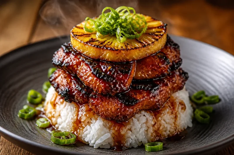 Crispy Huli Huli Chicken Stack garnished with fresh herbs