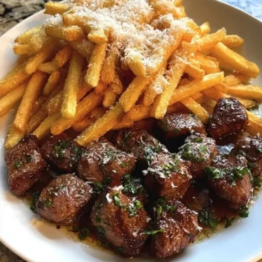 Crispy parmesan fries served with garlic butter steak bites on a plate