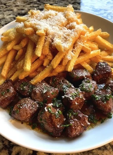 Crispy parmesan fries served with garlic butter steak bites on a plate