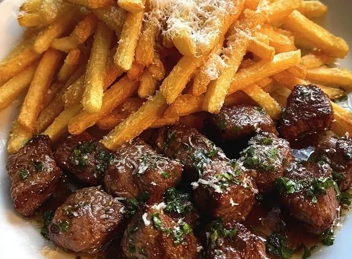 Crispy parmesan fries served with garlic butter steak bites on a plate