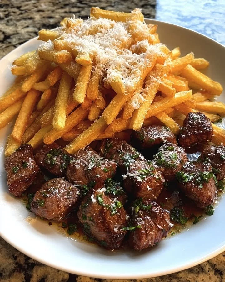 Crispy parmesan fries served with garlic butter steak bites on a plate