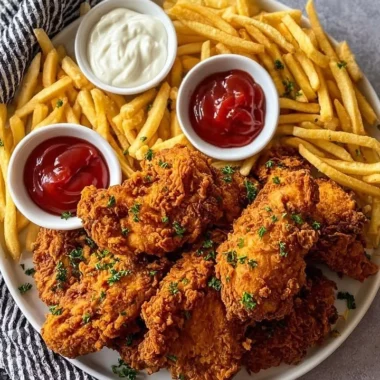 Crispy Southern fried chicken with fries served on a plate