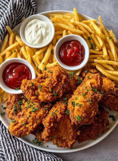 Crispy Southern fried chicken with fries served on a plate