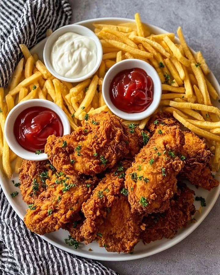Crispy Southern Fried Chicken and Fries 33 Crispy Southern fried chicken with fries served on a plate