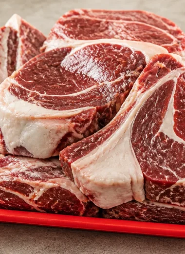 Fresh raw meat displayed on a red tray for culinary inspiration