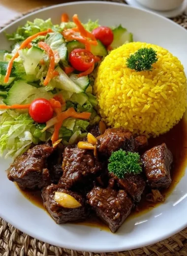 Delicious Garlic Beef Bites served with yellow rice and a colorful garden salad