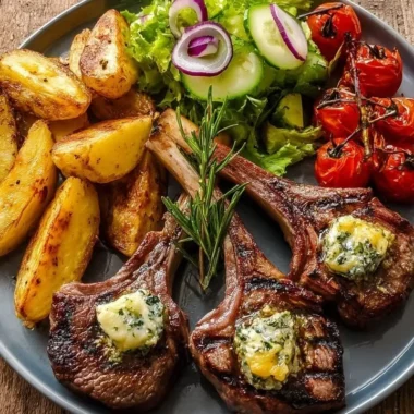 Garlic Butter Lamb Chops served with roasted potato wedges and garden salad