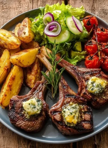 Garlic Butter Lamb Chops served with roasted potato wedges and garden salad