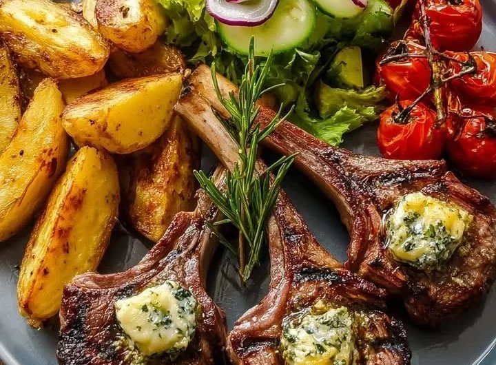 Garlic Butter Lamb Chops served with roasted potato wedges and garden salad