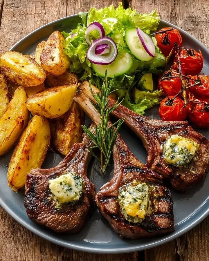 Garlic Butter Lamb Chops with Roasted Potato Wedges & Garden Salad 27 Garlic Butter Lamb Chops served with roasted potato wedges and garden salad