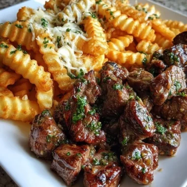 Delicious garlic butter steak bites served with cheesy loaded crinkle fries.