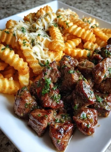 Delicious garlic butter steak bites served with cheesy loaded crinkle fries.