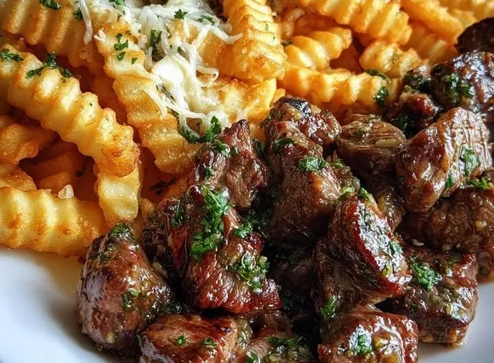 Delicious garlic butter steak bites served with cheesy loaded crinkle fries.