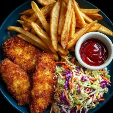 Golden Chicken Tenders with Coleslaw and Fries 30 Golden chicken tenders served with coleslaw and fries on a plate